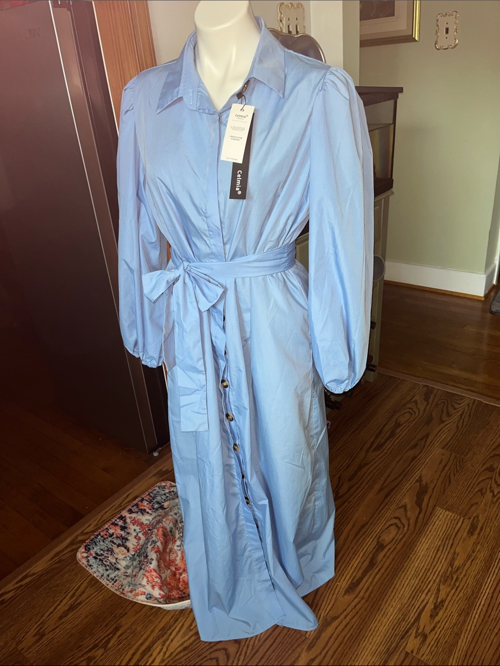 CelmiaLight Blue Maxi Shirt Dress with Tie Waist